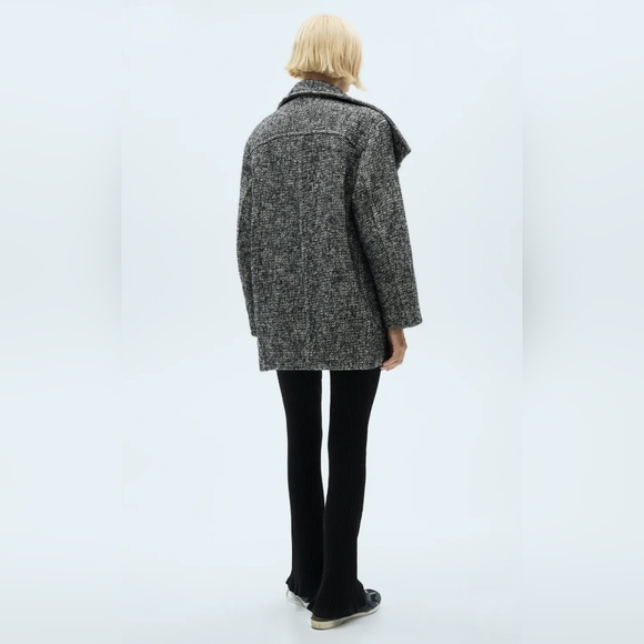 Mango Women's Mottled Double-Breasted Black & White Tweed Pea Coat - Picture 4 of 8